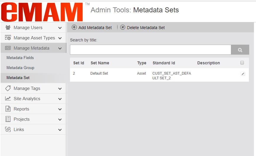 eMAM setup eMAMMetadataSetId