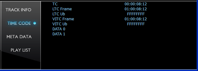 Time code display showing frame value, absolute (zero based) time code, VITC, LTC/SMPTE, User Bits and extended data