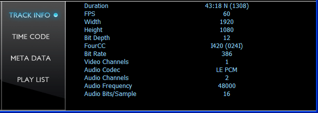 Media file track info including size, frame rate, bit rate, audio sample frequency and rate, codec/fourcc and channels