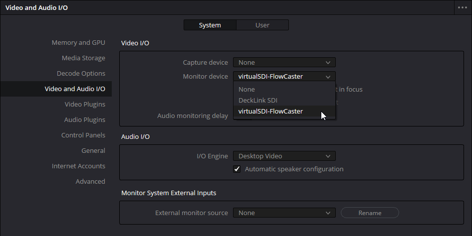  03 Video Audio   Select virtualSDI   Preferences