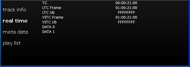 Time code display showing frame value, absolute (zero based) time code, VITC, LTC/SMPTE, User Bits and extended data