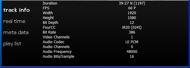 Media file track info including size, frame rate, bit rate, audio sample frequency and rate, codec/fourcc and channels